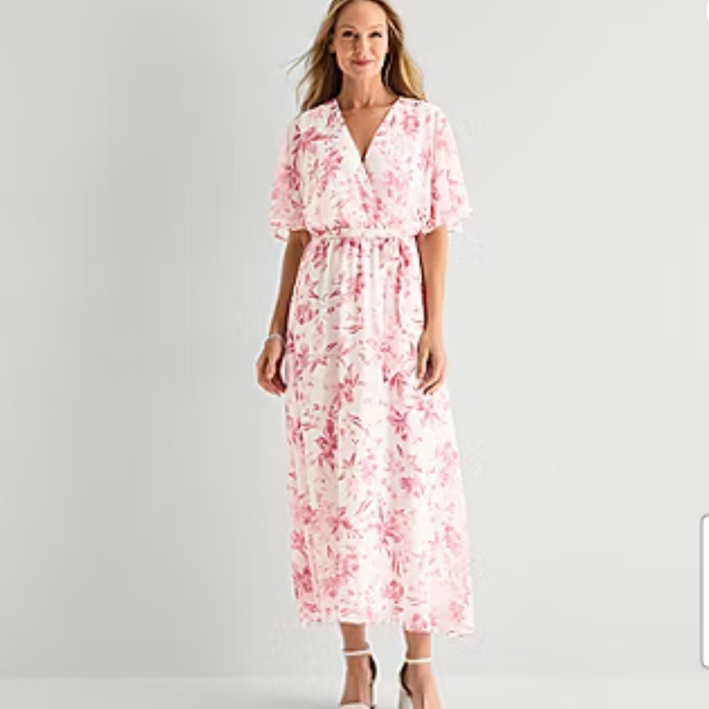 Studio One Floral Pink Maxi Dress with V-Neck Sz 8P